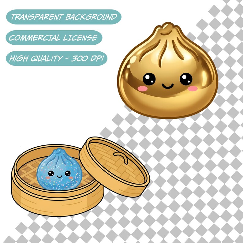 May include: A golden dumpling with a smiling face, and a blue dumpling in a bamboo steamer. The image includes the text "TRANSPARENT BACKGROUND", "COMMERCIAL LICENSE", and "HIGH QUALITY - 300 DPI".