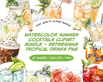 Bundle de cliparts cocktails été aquarelle, boissons tropicales rafraîchissantes PNG Collection, graphiques aquarelles sans alcool aux agrumes