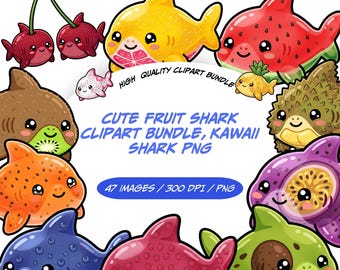 Bundle de cliparts kawaii mignon avec requin fruit PNG pour un usage commercial, art océan estival vibrant