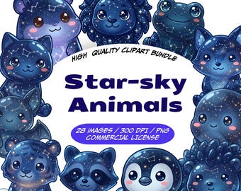 May include: A digital clipart bundle featuring various cartoon animals with dark blue starry night sky patterns and constellation markings. The text reads: HIGH QUALITY CLIPART BUNDLE, Star-sky Animals, 28 IMAGES / 300 DPI / PNG COMMERCIAL LICENSE.