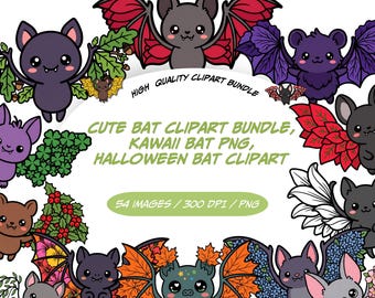 Bundle de cliparts chauve-souris mignon, Kawaii chauve-souris PNG, Clipart de chauve-souris d'Halloween, chauve-souris des bois PNG, chauve-souris vampire mignon, automne chauve-souris Bundle, usage Commercial