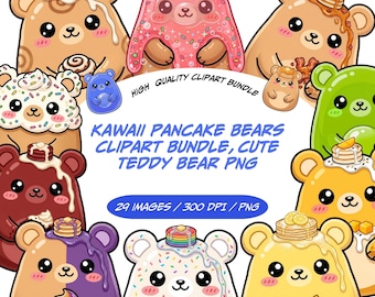 Teddy Bear Clipart Bundle, Cute Kawaii Pancakes PNG, Adorable Food Graphics for Commercial Use, Crafting Fun