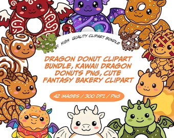 Bundle de cliparts Donut Dragon, Donuts Dragon Kawaii PNG, Clipart boulangerie fantaisie mignon, Donut Dragon PNG, animaux de dessert magique