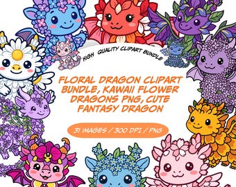 Ensembles PNG de dragons floraux, ensemble de cliparts dragon floral, dragons de fleurs kawaii, art fantastique mignon pour le scrapbooking