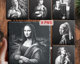 Mona Lisa, Mädchen mit Perlenohrring American Gothic PNG, Classic Art Schiefer Untersetzer Lasergravur Dateien Bundle