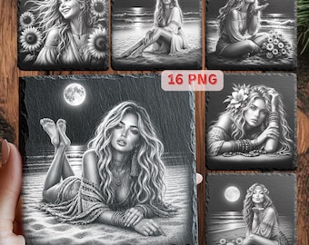 Schöne Frauen Laser Gravur PNG Bundle, 16 Weibliche Porträt Dateien für Schieferplatten, Glowforge xTool LightBurn