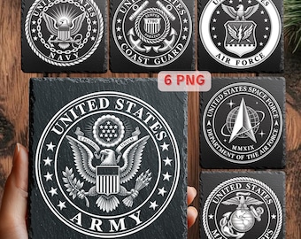 May include: A set of six square black slate coasters featuring white engraved emblems of the United States military branches including the Army, Navy, Coast Guard, Air Force, Space Force, and Marine Corps, with the text 6 PNG visible.