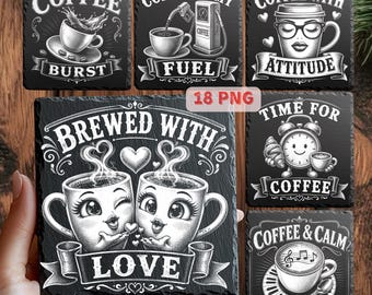 Kaffee Lasergravur PNG Bundle, 18 Schieferuntersetzer-Designs, Vintage Cafe Zitate, Glowforge xTool LightBurn-Dateien