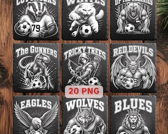 Fußball Maskottchen PNG Bundle, Sport Mannschaft Clipart, Lasergravur Dateien für Schiefer Untersetzer, Spieltag Designs, Glowforge xTool LightBurn