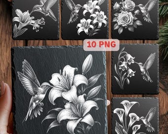 Archivos láser de colibríes, posavasos de pizarra con pájaros florales PNG, diseños de grabado en pizarra, descarga digital