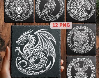Keltische Tiere Lasergravur PNG Bundle, 12 Schieferuntersetzer Designs, keltische Knotentiere, Laserdateien für die Schiefergravur