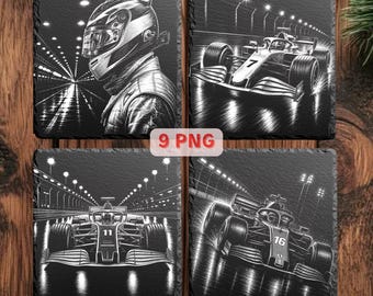 Paquete de imágenes PNG de Fórmula Racing para grabado láser en posavasos de pizarra, archivos digitales de pilotos de carreras, arte de grabado de deportes de motor.