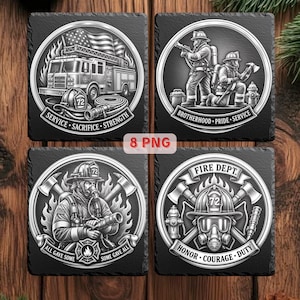 Firefighter Laser Engraving Files PNG | Fire Department Slate Coasters Designs | Fire Rescue Engraving PNG | Glowforge xTool