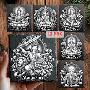 May include: A set of six square black slate coasters featuring white engraved illustrations of Buddhist deities. Each coaster displays a figure with their name: Avalokiteshvara, Maitreya, Green Tara, Manjushri, White Tara, and Kshitigarbha.