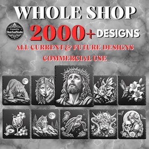 Peut inclure: Une collection numérique de plus de 2000 designs pour usage commercial, présentant diverses illustrations en noir et blanc dont un léopard, un loup, Jésus, un poisson rouge, des lys, un cocktail, une tortue marine, une vache et un crâne.