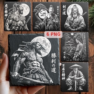 May include: Set of six black slate coasters featuring detailed illustrations of samurai warriors. Each coaster showcases a different warrior in various poses, with Japanese text and a full moon backdrop. The coasters are square and have a textured surface.