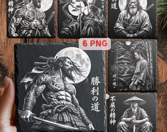 Samurai warrior Schiefer Gravur PNG Bundle, Japanische Laser-Dateien, Bushido Coaster Designs, 6 PNG + invertierte Dateien