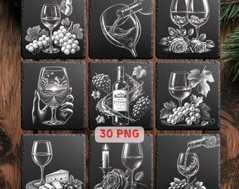 Wein Lasergravur PNG Bundle, Schiefer Untersetzer Designs, Weinglas Trauben Fass PNG, Romantische Bar Dekor Laserdateien
