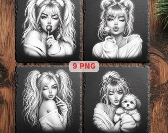 9 blonde Frauen Laser Gravur PNG Dateien für Schieferplatten, Glowforge xTool LightBurn