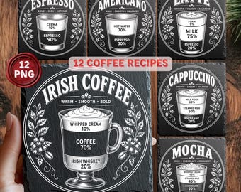 Kaffeerezept PNG Bundle, Kaffeebar Untersetzer Gravurdateien, 12 Schiefer Untersetzer Designs, Glowforge xTool LightBurn PNG