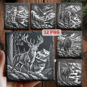 Peut inclure: Un ensemble de six dessous de verre carrés en ardoise présentant des illustrations gravées en noir et blanc d'un loup, d'un aigle, d'un ours, d'un cerf, d'un bison et d'un élan dans des paysages de montagne. Le texte 12 PNG est visible au centre.