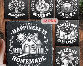 Cozy Home Laser Gravierdateien, 12 Home PNG Designs für Schiefer Untersetzer, Glowforge xTool LightBurn