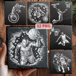 May include: Set of six square black slate coasters featuring basketball players in action. Each coaster has a unique black and white graphic of a player dribbling, shooting, or dunking a basketball. The text "12 PNG" is visible.