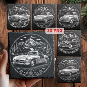 May include: A collection of square slate coasters featuring white engraved illustrations of classic cars set against mountain landscapes. Each coaster displays a specific year, such as 1954, 1964, 1965, 1938, 1952, and 1976, with decorative scrollwork borders.