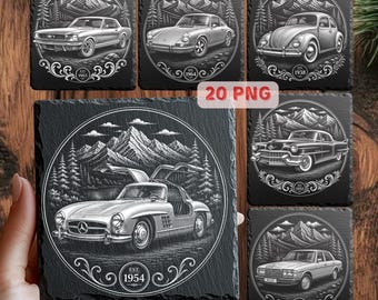 Paquete de imágenes PNG para grabado láser de coches clásicos antiguos, diseños de posavasos de pizarra con motivos retro de automóviles, archivos para grabado de coches.