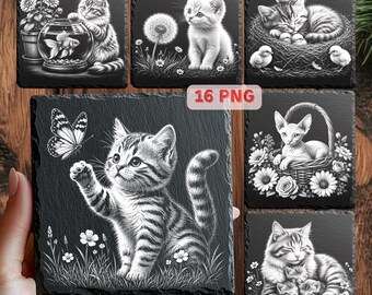 Cat Laser Engraving Files PNG | Cute Cat Slate Coaster Designs | Kitten Engraving PNG | Pet Laser Files | 16 PNG Bundle
