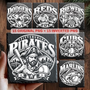 Könnte beinhalten: Eine Sammlung quadratischer Schieferuntersetzer mit schwarz-weißen Illustrationen von Baseballteams wie den Dodgers, Reds, Brewers, Pirates, Cubs und Marlins. Der Text 15 ORIGINAL PNG + 15 INVERTED PNG ist mittig im Bild platziert.