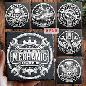 May include: Six square black slate coasters featuring white graphic designs related to mechanics. The designs include a skull, a classic car, a hand holding a wrench, a piston with wings, an engine, and text reading Not Just A Job Mechanic It's A Passion.