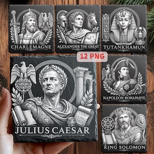 May include: A set of six square slate coasters featuring detailed grayscale engravings of historical figures including Charlemagne, Alexander the Great, Tutankhamun, Julius Caesar, Napoleon Bonaparte, and King Solomon, with the text 12 PNG.