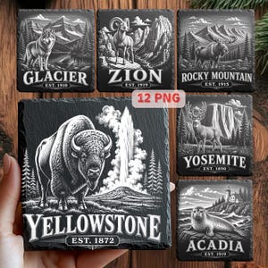 May include: A set of six square slate coasters featuring black and white engraved illustrations of national parks including Yellowstone with a bison, Glacier with a wolf, Zion with a bighorn sheep, Rocky Mountain with a moose, Yosemite with a deer, and Acadia with a seal.