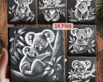 Koala Schiefer Untersetzer PNG Bündel | 14 süße Koala Gravur Dateien | Glowforge xTool LightBurn | Schiefer Laser PNG-Dateien