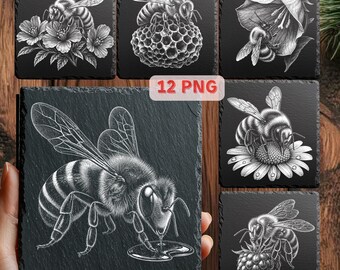 Zestaw PNG z grawerunkiem laserowym pszczół, 12 wzorów podstawek łupkowych, pliki do grawerowania pszczół miodnych, kwiatowa grafika pszczół dla Glowforge xTool
