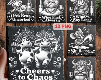 Paquete de PNG con frases divertidas sobre vino / Archivos para grabado láser / Diseños divertidos de posavasos de pizarra con animales / 12 archivos PNG sobre vino / Regalo para amantes del vino