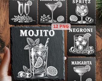Cocktail Schiefer Untersetzer PNG Bündel | 12 Lasergravurdateien | Hausbar Dekor | Alkohol Getränke Untersetzer | Digitaler Download