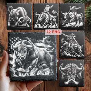 May include: A collection of six square slate coasters featuring black and white illustrations of bulls and rodeo riders. One coaster prominently displays a bull in front of an American flag. The text 12 PNG is visible in the center of the image.