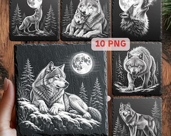 Wolf PNG Lasergravur, Howling Wolf Schieferuntersetzer Design, Woodland Wolf Art, 10 PNG + Invertiert, digitaler Download