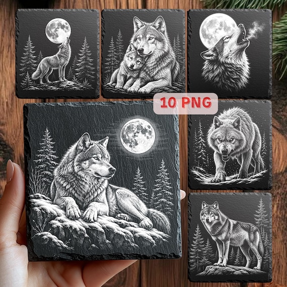 Wolf PNG Laser Engraving Files, Howling Wolf Slate Coaster Design, Woodland Wolf Art, 10 PNG + Inverted, Digital Download