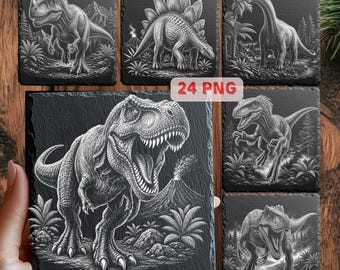 Paquete de imágenes PNG de dinosaurios para grabado láser, diseños de posavasos de pizarra con temática de bosque prehistórico, 24 archivos de dinosaurios para grabado láser.