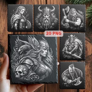 May include: A collection of 20 PNG digital files featuring black and white illustrations of Viking warriors, including figures with horned helmets, axes, shields, skulls, and eagles, presented on square slate-textured backgrounds with the text 20 PNG.