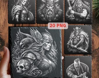 Paquete de imágenes PNG para grabado láser de guerreros vikingos, diseños de posavasos de pizarra de guerreros nórdicos, archivos para grabado de retratos vikingos.
