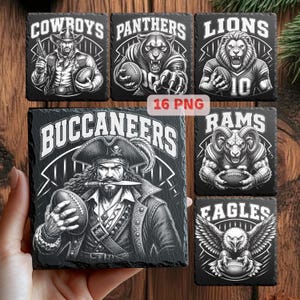 May include: A set of six square slate coasters featuring black and white illustrations of football-themed mascots including a cowboy, panther, lion, buccaneer, ram, and eagle, with the team names printed above each character and a 16 PNG label.
