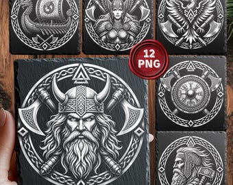 Emblemi di clan vichinghi in formato PNG / File per incisione laser su sottobicchieri in ardesia / Simboli norreni, Odino, Lupo, Corvo, Disegni di navi lunghe