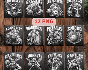 Basketball Lasergravur PNG-Dateien, Sport Laser-Dateien, Schiefer Untersetzer-Designs, 12 PNG + Invertiert