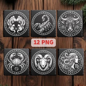 Pode incluir: Conjunto de seis bases pretas quadradas com ilustrações brancas de signos do zodíaco. Cada base apresenta um símbolo do zodíaco diferente, incluindo Peixes, Escorpião, Touro, Câncer, Áries e Virgem. O texto "12 PNG" também é visível.
