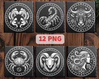 Sternzeichen Schiefer Gravur PNG Bundle, 12 Astrologie Laserdateien, Sternzeichen Schiefer Untersetzer Designs + Invertiert