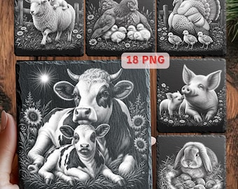 Bauernhof Tiere mit Babys PNG Bündel | 18 Schiefer Gravur Dateien | Laser Untersetzer Designs für Glowforge xTool LightBurn